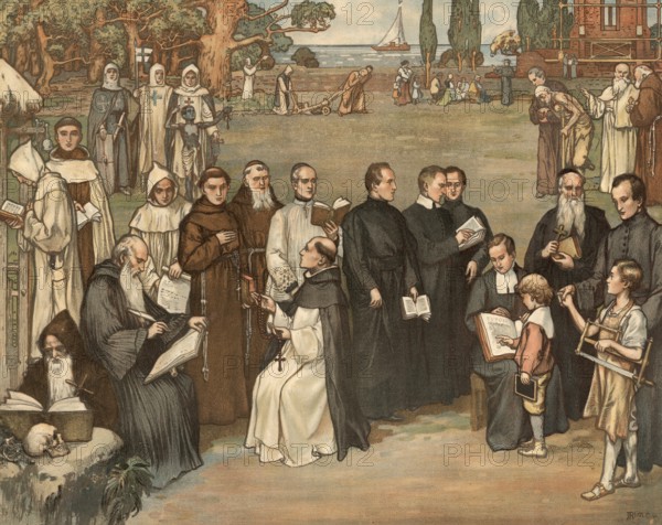 Scene from the biblical story, Christian monasticism, authentic reproduction of a school mural, historical, around 1900