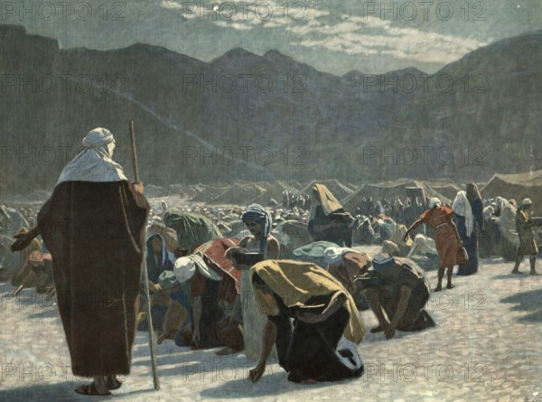 Scene from the biblical story, manna, described a miraculous food that God gave to the people of Israel in the desert, authentic reproduction of a school mural, historical, around 1900