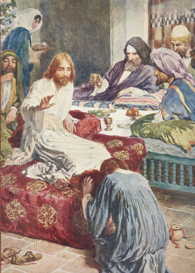 Scene from the biblical story, story of Mary and the alabaster bottle, where a woman anoints Jesus in Bethany, in the house of Simon the Leper, with a very precious, heavy alabaster vessel with expensive nard oil, which the disciples rebuke but acknowledges Jesus as preparation for his burial, authentic reproduction of a school mural, historical, around 1900