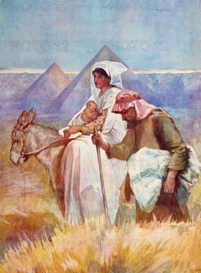 Scene from the biblical story, The Flight of Mary, Jesus and Joseph into Egypt, authentic reproduction of a school mural, historical, around 1900