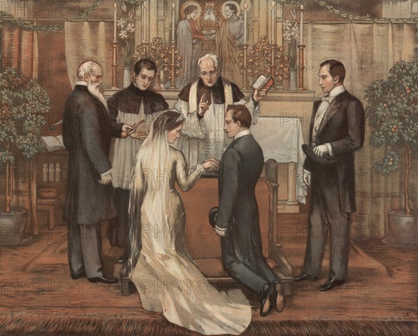 Symbolic photo for a church wedding, wedding by a priest, authentic reproduction of a school mural, historic, around 1900
