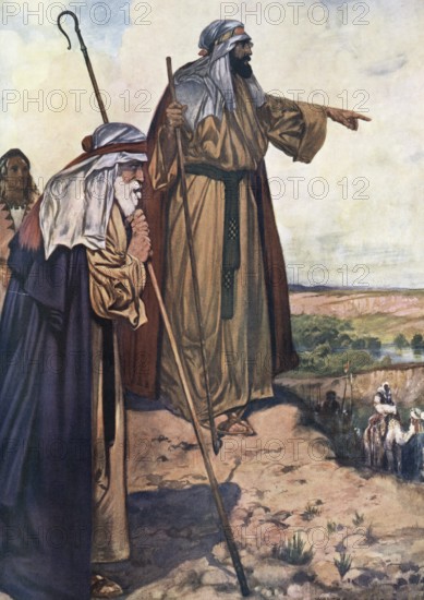 Scene from the biblical story, Lot's selection, Lot's decision to choose the fertile plain around the sinful cities of Sodom and Gomorrah instead of staying with his Uncle Abraham, authentic reproduction of a school mural, historical, around 1900