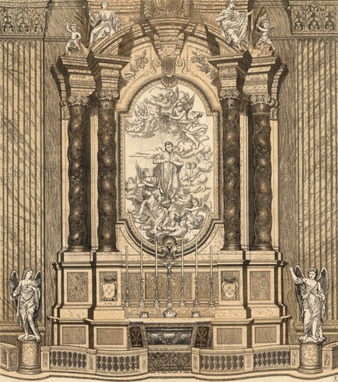 Scene from the biblical story, In the late Renaissance and Baroque periods (ca. 1550-1750), altars in Germany developed into magnificent, often multi-storey works of art that staged biblical content through architecture, sculpture and painting, authentic reproduction of a school mural, historical, ca. 1900