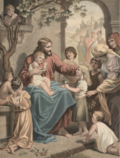 Scene from the biblical story, Jesus speaks Let the little children come to me and do not hinder them, because the Kingdom of Heaven belongs to them, authentic reproduction of a school mural, historical, around 1900