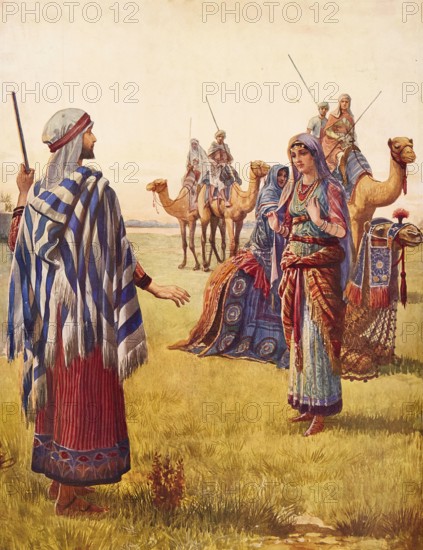 Scene from the biblical story, The story of King Solomon and the Queen of Sheba, authentic reproduction of a school mural, historical, around 1900
