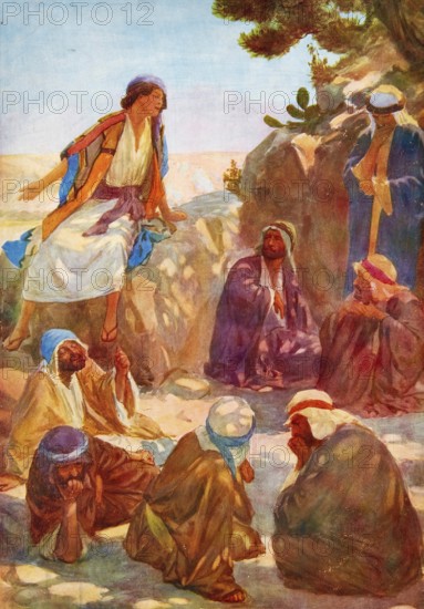 Scene from the biblical story, Joseph tells his brothers his dream, authentic reproduction of a school mural, historical, around 1900
