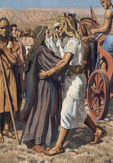 Scene from the biblical story, Joseph greets his father, authentic reproduction of a school mural, historical, around 1900
