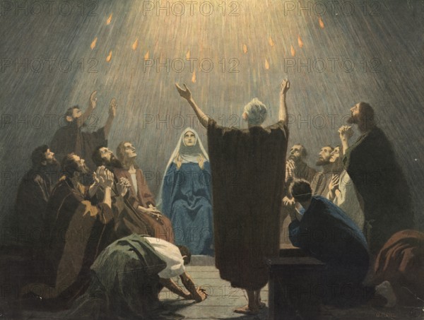 Scene from the biblical story, Peter's Pentecost sermon, is considered the founding event of the Christian Church. After the outpouring of the Holy Spirit, Peter appears in front of an international crowd in Jerusalem to explain what happened and proclaim Jesus as the Messiah, authentic reproduction of a school mural, historical, around 1900