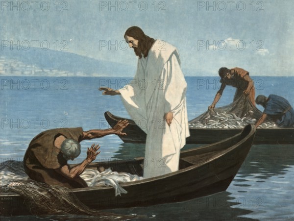 Scene from the biblical story, Peter catches many fish at the word of Jesus that the nets threatened to break and the boats almost sank., authentic reproduction of a school mural, historical, around 1900