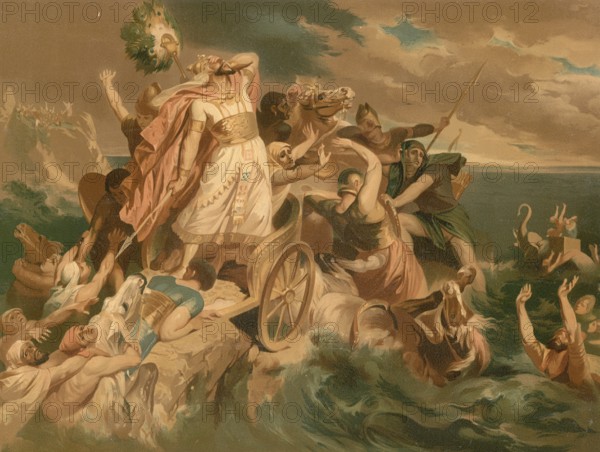 Scene from the biblical story, The Fall of the Pharaoh is one of the central narratives of the Old Testament. It describes God's victory over Egyptian tyranny and the liberation of the Israelites from slavery, authentic reproduction of a school mural, historical, around 1900