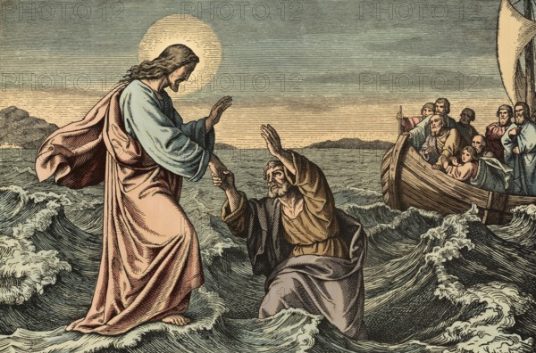Scene from the biblical story, Bible story of Peter walking on water describes how Jesus crosses the water on the Sea of Galilee and Peter gets out of the boat at Jesus' invitation to go to him, authentic reproduction of a school mural, historical, around 1900