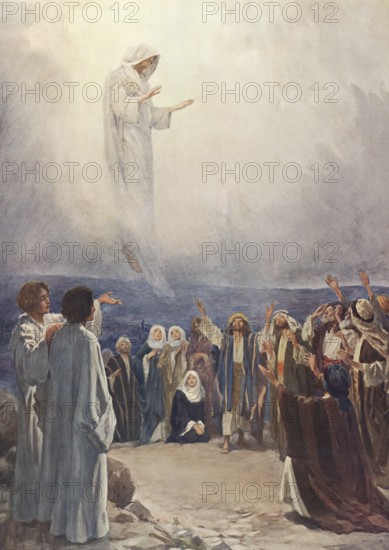 Scene from the biblical story, Ascension Day, the Christian festival celebrating the bodily ascension of Jesus Christ into heaven after his resurrection, authentic reproduction of a school wall painting, historical, around 1900