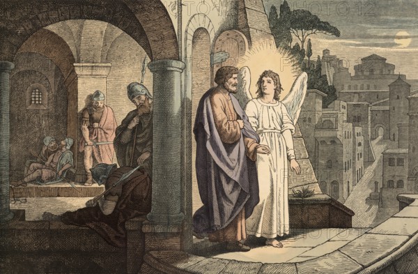 Scene from the biblical story, story of how the apostle Peter is saved by an angel, authentic reproduction of a school mural, historical, around 1900