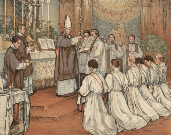 Scene from the biblical story, ordination, the solemn appointment or appointment of a person to a spiritual office, authentic reproduction of a school mural, historical, around 1900