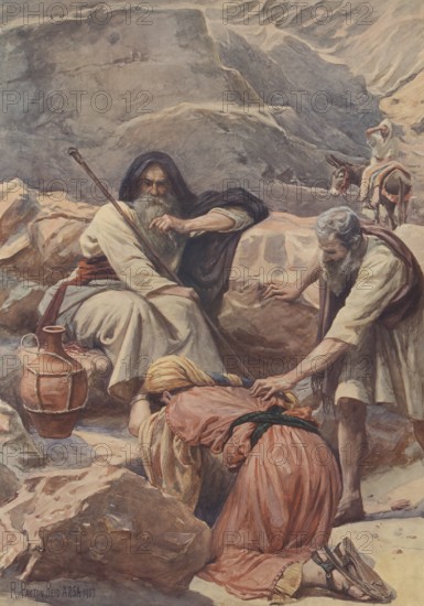 Scene from the biblical story, The Story of Naaman and Elisha, Elisha is about how Naaman, a Syrian military leader with leprosy, is cured by the prophet Elisha, authentic reproduction of a school mural, historical, around 1900