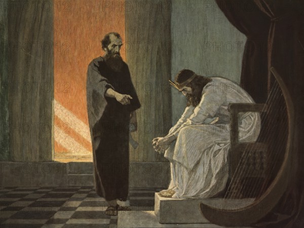 Scene from the biblical story, Prophet Nathan, an important advisor to King David in the Bible, known for his courageous confrontation of David's sin with Bathsheba through a parable and his role in confirming David's divine dynasty, authentic reproduction of a school mural, historical, around 1900