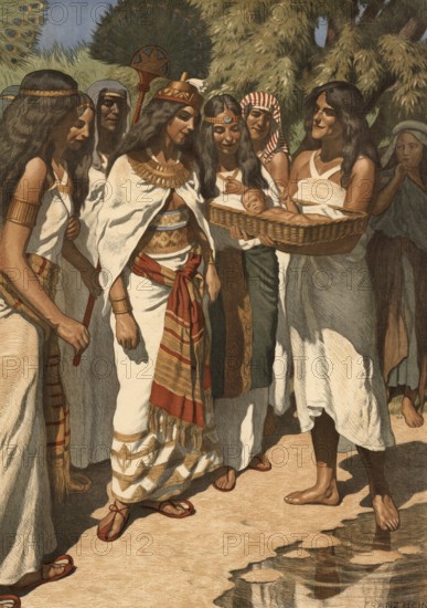 Scene from the biblical story, Moses as a baby is found by the pharaoh's daughter in a reed basket on the Nile, authentic reproduction of a school mural, historical, around 1900