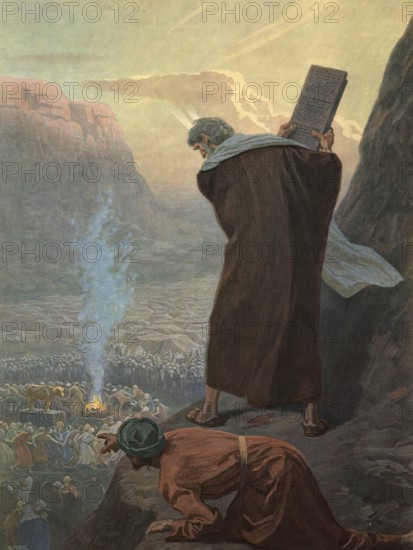 Scene from the biblical story, Moses at Mount Sinai with the law plates, authentic reproduction of a school mural, historical, around 1900