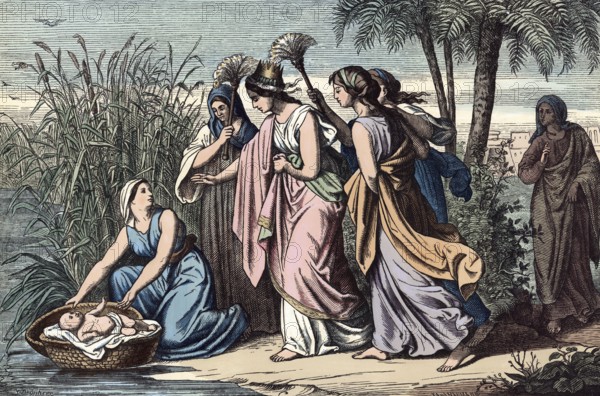 Scene from the biblical story, Moses as a baby is found by the pharaoh's daughter in a reed basket on the Nile, authentic reproduction of a school mural, historical, around 1900