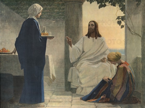 Scene from the biblical story, Mary and Martha, two sisters from Bethany who were close friends with Jesus, authentic reproduction of a school wall painting, historical, around 1900