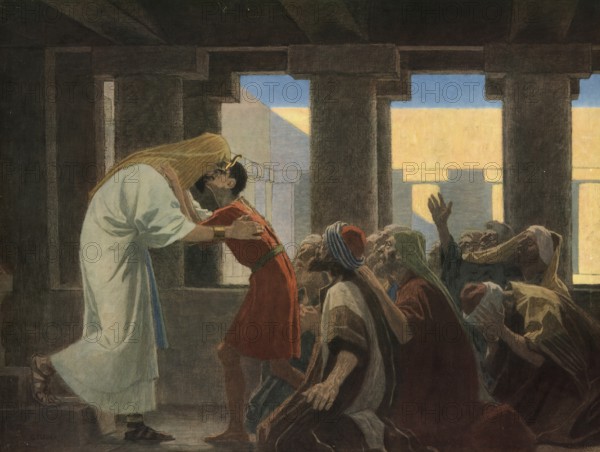 Scene from the biblical story, Joseph reveals himself to his brothers, authentic reproduction of a school mural, historical, around 1900