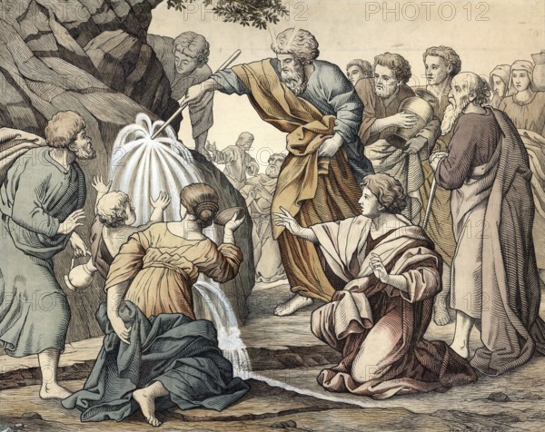 Scene from the biblical story, Moses knocks water out of the rock, a central miracle in the Old Testament, in which the thirsty Israelite tribe in the desert is saved by God's direction by Moses hitting a rock with his staff and letting life-giving water spring out, authentic reproduction of a school mural, historic, around 1900