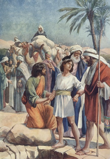 Scene from the biblical story, Joseph is sold as a slave to Egypt by his jealous brothers after they throw him into a cistern because he was their father Jacob's favorite son, authentic reproduction of a school mural, historical, around 1900