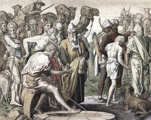 Scene from the biblical story, Joseph is sold as a slave to Egypt by his jealous brothers after they throw him into a cistern because he was their father Jacob's favorite son, authentic reproduction of a school mural, historical, around 1900