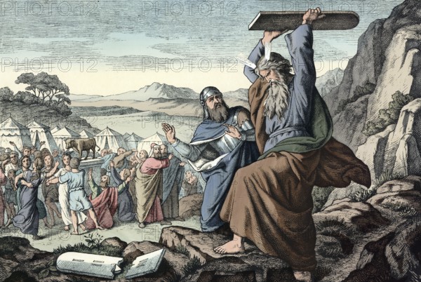 Scene from the biblical story, Moses breaks the tablets of the law because he catches the people of Israel with the golden calf, which they worship in his absence while receiving the commandments from God on Mount Sinai, authentic reproduction of a school mural, historical, around 1900