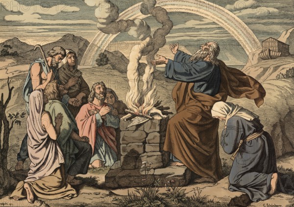 Scene from the biblical story, sacrifice of Noah, first action of Noah after he and his family had left the ark after the flood, authentic reproduction of a school wall painting, historical, around 1900
