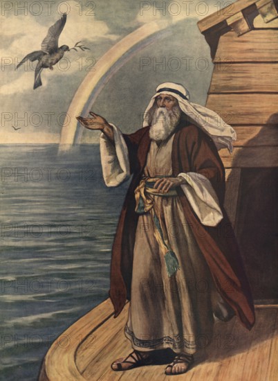 Scene from the biblical story, Noah, a central figure in the Bible, Genesis, who was chosen by God to survive the flood by building an ark and to start humanity anew, authentic reproduction of a school mural, historical, around 1900