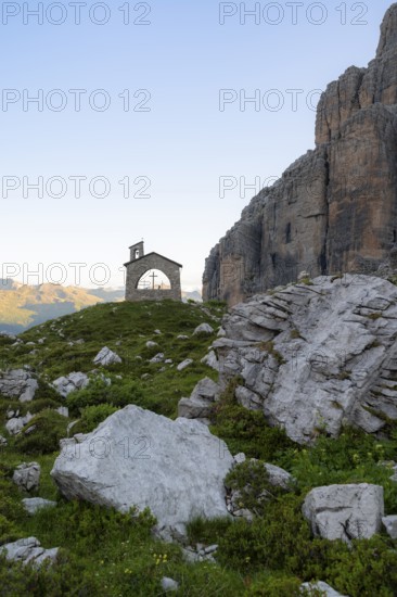 Chapel Cappella Ai Brentei Memorial for injured mountaineers at the Rifugio Ai Brentei mountain hut, picturesque mountain landscape in the morning, Brenta, Trentino, Italy