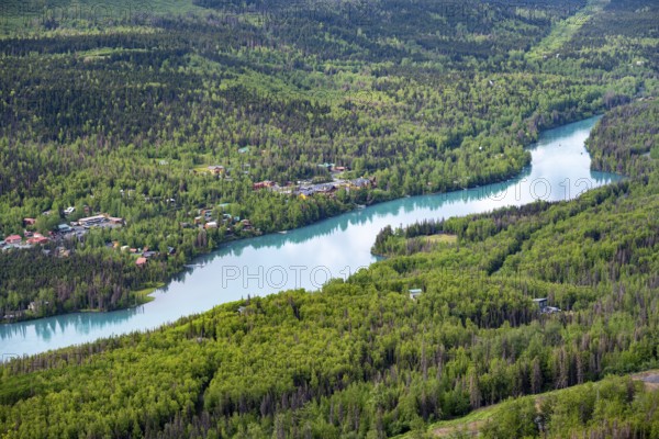 View of turquoise blue Kenai River, Slaughter Ridge Trail, Cooper Landing, Kenai Peninsula, Alaska, USA