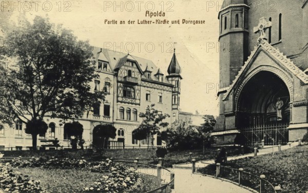 Apolda, Luther Church and Dorngasse, Weimarer Land district, Thuringia, Germany, postcard, view around 1900 - 1910, historical, digital reproduction of a historical postcard, authentic, public domain, from that time, exact date unknown