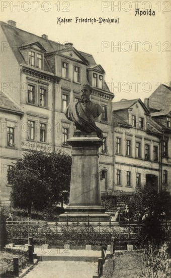 Emperor Frederick Memorial in Apolda, Weimarer Land District, Thuringia, Germany, postcard, view around 1900 - 1910, historical, digital reproduction of a historical postcard, authentic, public domain, from that time, exact date unknown