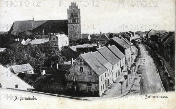 Angermünde, Berliner Straße, district of Uckermark in the state of Brandenburg, Germany, postcard, view around 1900 - 1910, historical, digital reproduction of a historical postcard, authentic, public domain, from that time, exact date unknown