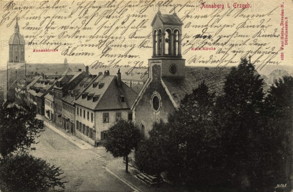 Annaberg in Saxony, St. Anne's Church and Catholic Church, Town in the Ore Mountains, Erzgebirgskreis, Saxony, postcard, view around 1900 - 1910, historical, digital reproduction of a historical postcard, authentic, public domain, from that time, exact date unknown