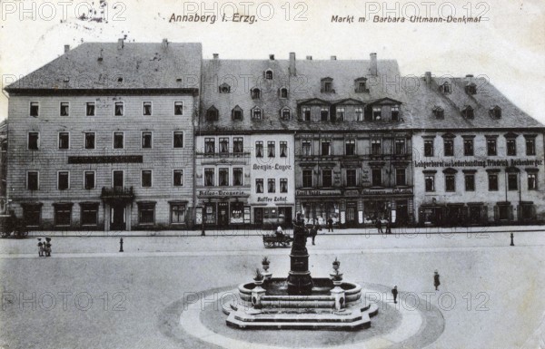 Annaberg in Saxony, market with Barbara Uttmann monument, town in the Ore Mountains, Erzgebirgskreis, Saxony, postcard, view around 1900 - 1910, historical, digital reproduction of a historical postcard, authentic, public domain, from that time, exact date unknown