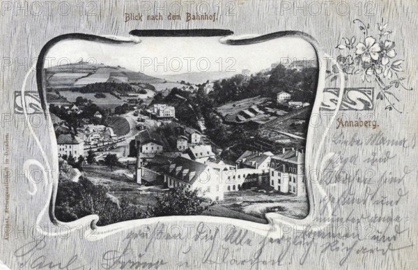 Annaberg in Saxony, railway station, town in the Ore Mountains, Erzgebirgskreis, Saxony, postcard, view around 1900 - 1910, historical, digital reproduction of a historical postcard, authentic, public domain, from that time, exact date unknown