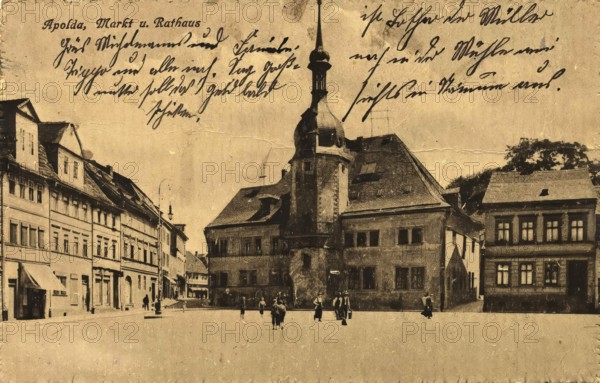 Apolda, market and town hall, Weimarer Land district, Thuringia, Germany, postcard, view around 1900 - 1910, historical, digital reproduction of a historical postcard, authentic, public domain, from that time, exact date unknown