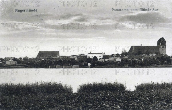 Angermünde, panorama with Münde-See, Uckermark district in the state of Brandenburg, Germany, postcard, view around 1900 - 1910, historical, digital reproduction of a historical postcard, authentic, public domain, from that time, exact date unknown