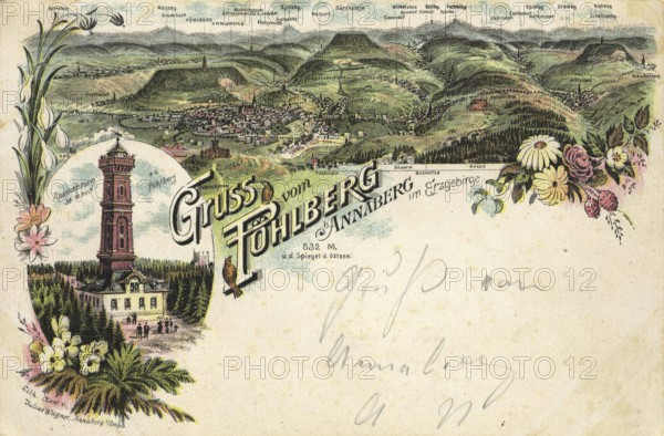 Annaberg in Saxony, Pöhlbergturm, city in the Ore Mountains, Erzgebirgskreis, Saxony, postcard, view around 1900 - 1910, historical, digital reproduction of a historical postcard, authentic, public domain, from that time, exact date unknown