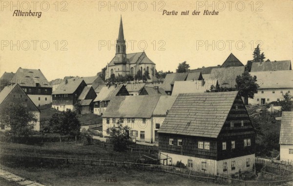Altenberg in the Ore Mountains, town and church, today Saxon Switzerland-Eastern Ore Mountains district, Saxony, Germany, postcard, view around 1900 - 1910, historical, digital reproduction of a historical postcard, authentic, public domain, from that time, exact date unknown