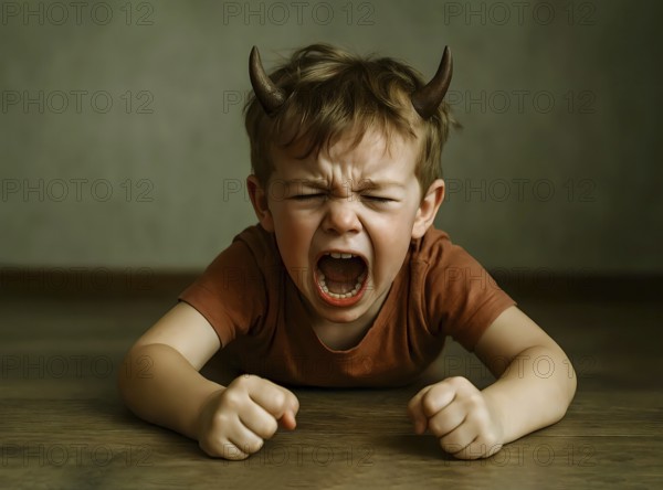 In little boy with devil horns screams and cries angry and angry, symbol anger, angry, upbringing, child, child-rearing, pedagogy, frustrated, anger, contradiction, screaming, crying, devil, devilish, AI-generated, AI-generated, AI generated