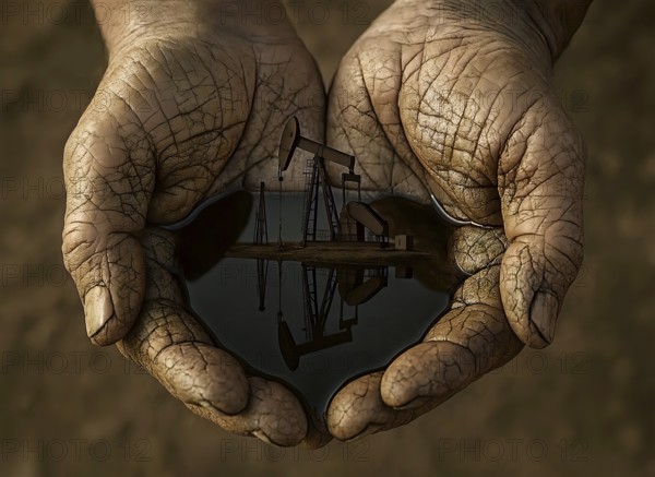 Two hands scoop oil, it reflects a drilling rig, production tower, symbolic image of energy, crude oil, fossil fuels, polluting the environment, energy transition, climate, climate protection, climate disaster, AI generated, AI generated