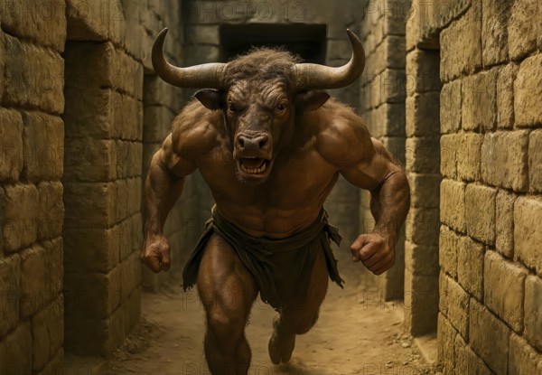 The Minotaur, the mythical creature from Greek mythology, runs through the labyrinth, symbolic image of King Minos, Crete, hybrid creatures, Theseus and Ariadne, legend, Greek antiquity, AI generated, AI generated
