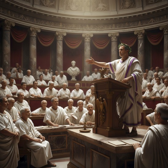 Gaius Julius Caesar, Roman statesman, speaking in the Senate of the Roman Republic in Rome, symbolic image of antiquity, antiquity, Roman Empire, history, consul, statesman, general, AI generated, AI generated