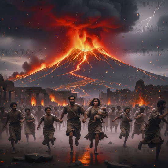 People are running for their lives, the fall of the Roman city of Pompeii in 79 AD due to an eruption of the volcano Vesuvius, symbol Roman Empire, antiquity, Herculaneum, volcanic eruption, disaster, history, natural disaster, lava, fire, ash, ash, rain, eruption, ruins, destruction, historic, UNESCO site, UNESCO World Heritage, AI generated, AI generated