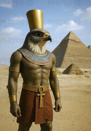 Horus with the falcon head, Egyptian god, sun god in front of the pyramids of Giza, symbolic image deity, sky god, guardian god, Isis, Osiris, religion, Egyptian empire, mythology, Egypt, antiquity, symbol, pharaoh, AI generated, AI generated