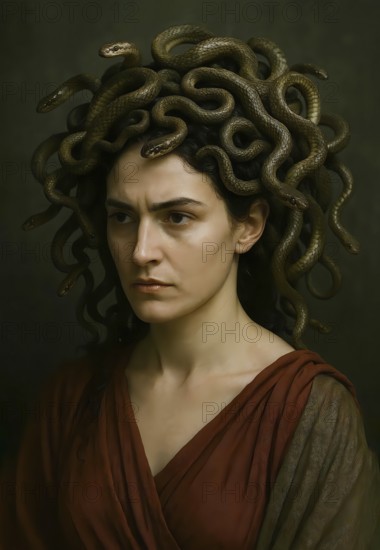 Portrait of Medusa with snakes in her hair, Greek mythology, symbolic image antiquity, meduse, gorgon, monster, snake hair, rigid, perseus, Zeus, head of Medusa, legend, AI generated, AI generated